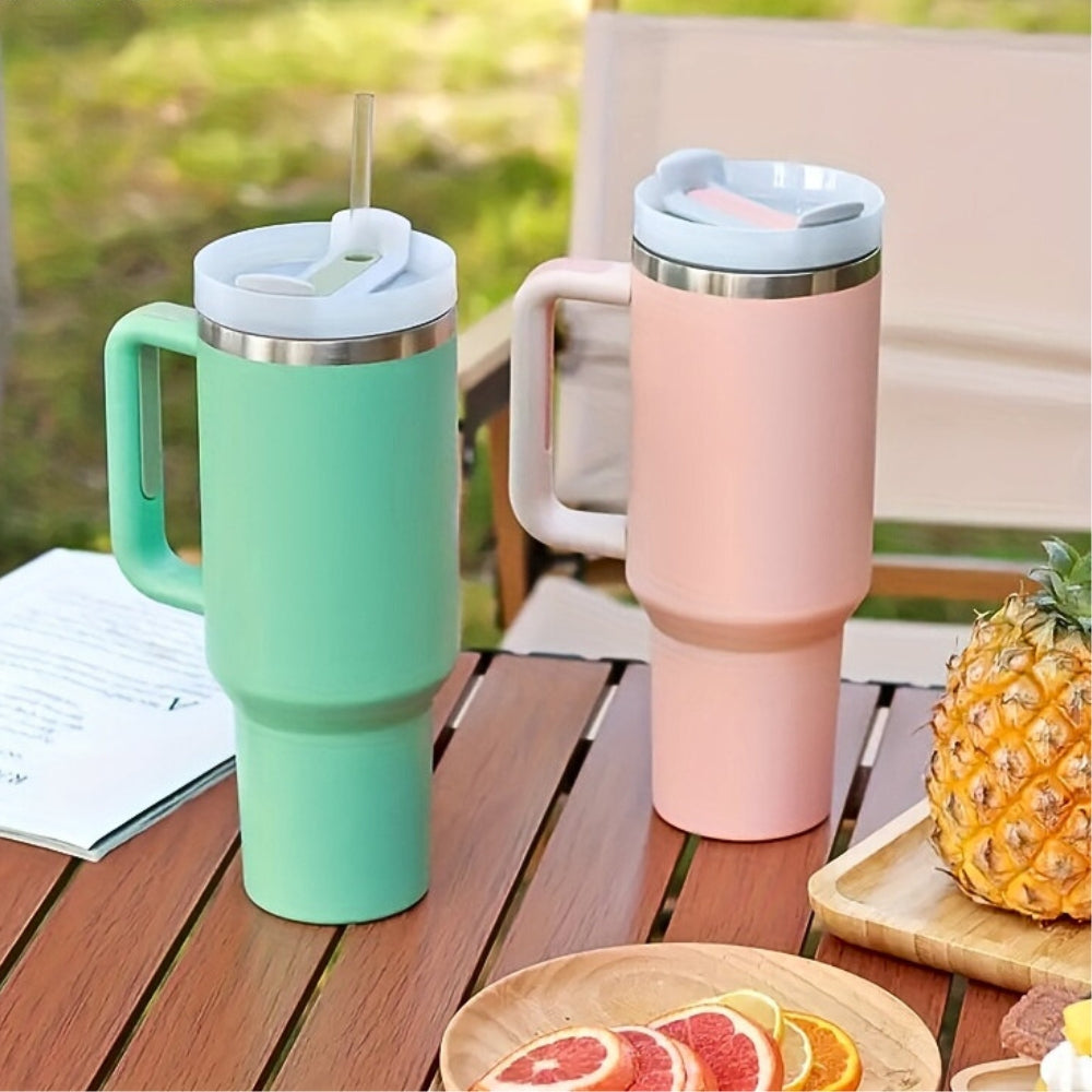 Sleek hot-cold thermos.